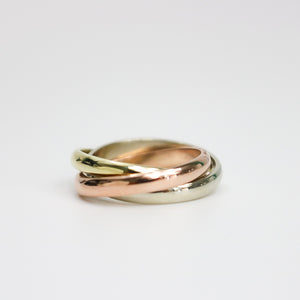 YELLOW WHITE AND ROSE GOLD THREE BAND RING