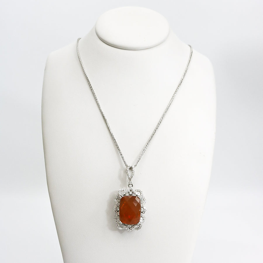 NATURAL FIRE OPAL & DIAMOND PENDANT NECKLACE