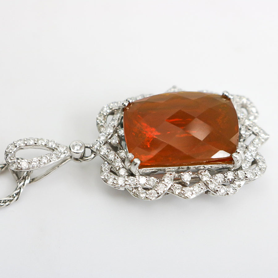 NATURAL FIRE OPAL & DIAMOND PENDANT NECKLACE