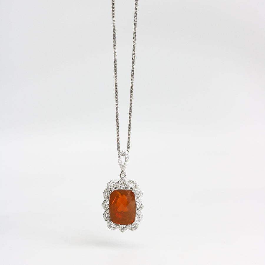 NATURAL FIRE OPAL & DIAMOND PENDANT NECKLACE