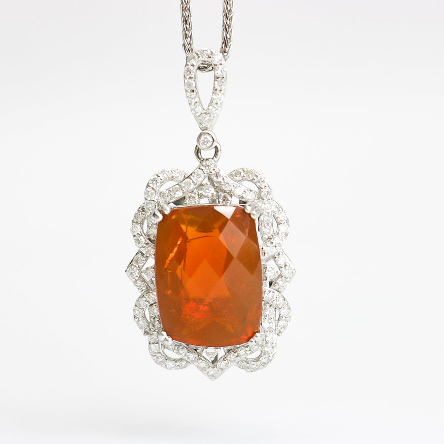 NATURAL FIRE OPAL & DIAMOND PENDANT NECKLACE