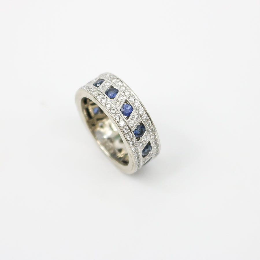 WHITE GOLD LADY'S RING BAND WITH NATURAL SAPPHIRES AND DIAMONDS