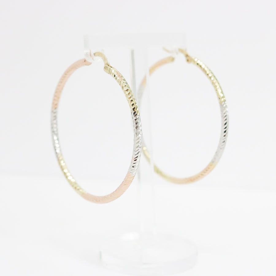 TRI-COLOR GOLD HOOP EARRINGS DIAMOND CUT