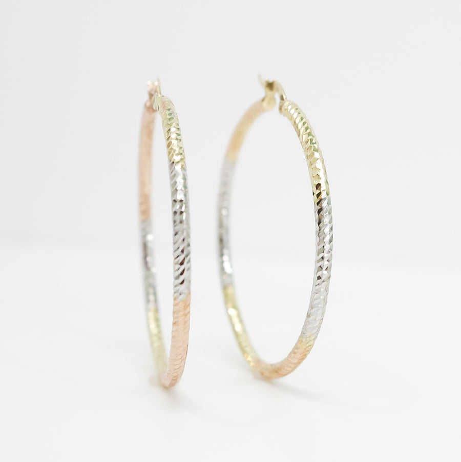 TRI-COLOR GOLD HOOP EARRINGS DIAMOND CUT