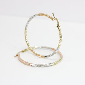 TRI-COLOR GOLD HOOP EARRINGS DIAMOND CUT