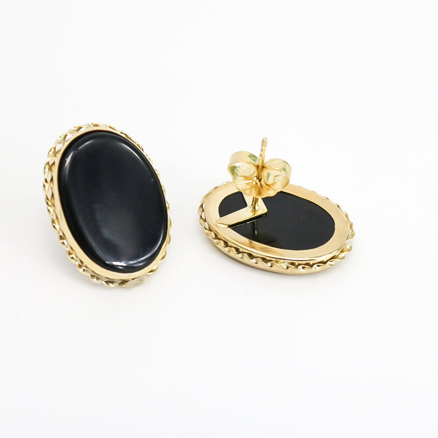 YELLOW GOLD EARRINGS WITH OVAL BLACK ONYX STONE