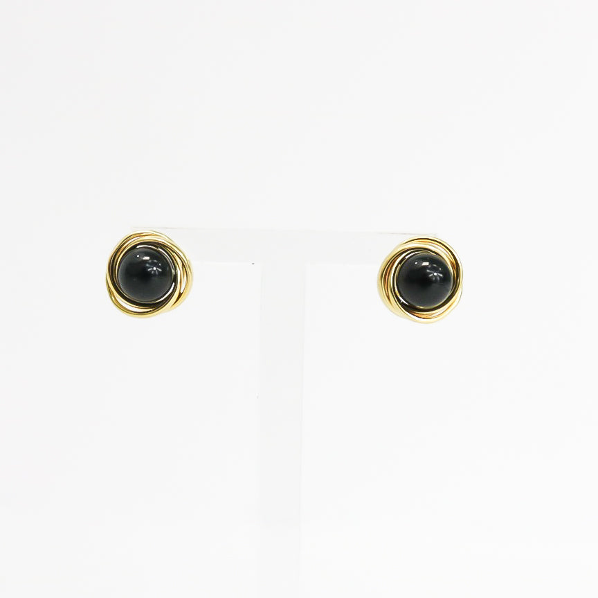 YELLOW GOLD ROUND BLACK ONYX EARRINGS