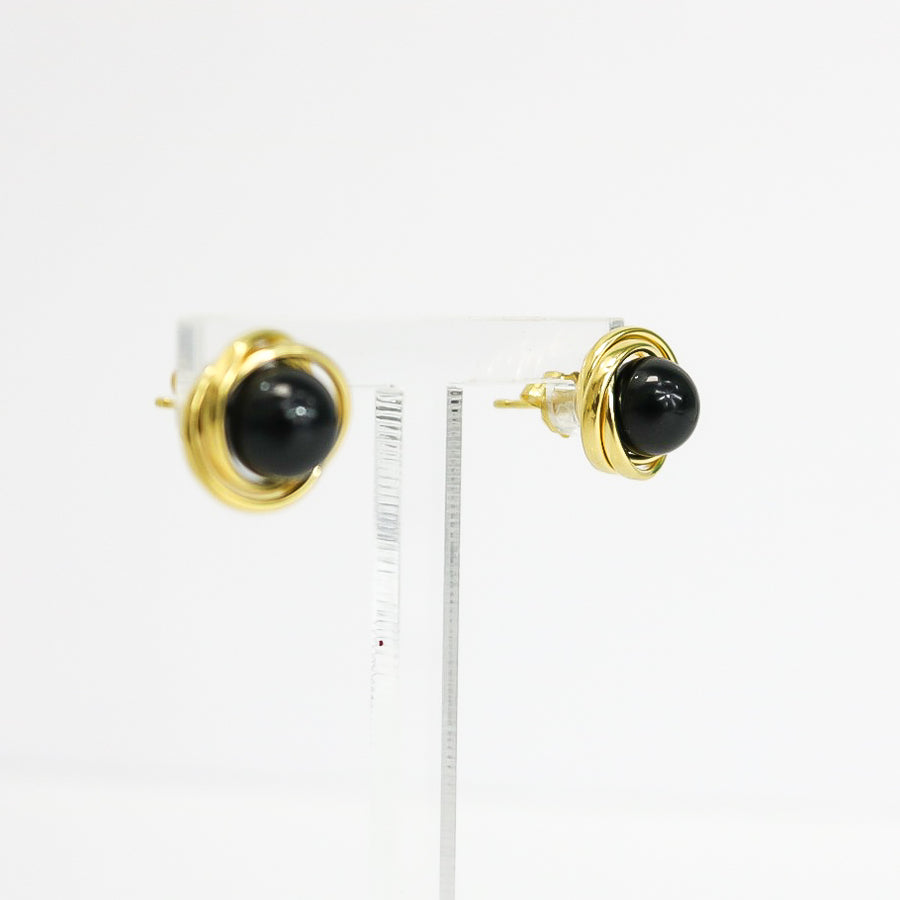 YELLOW GOLD ROUND BLACK ONYX EARRINGS