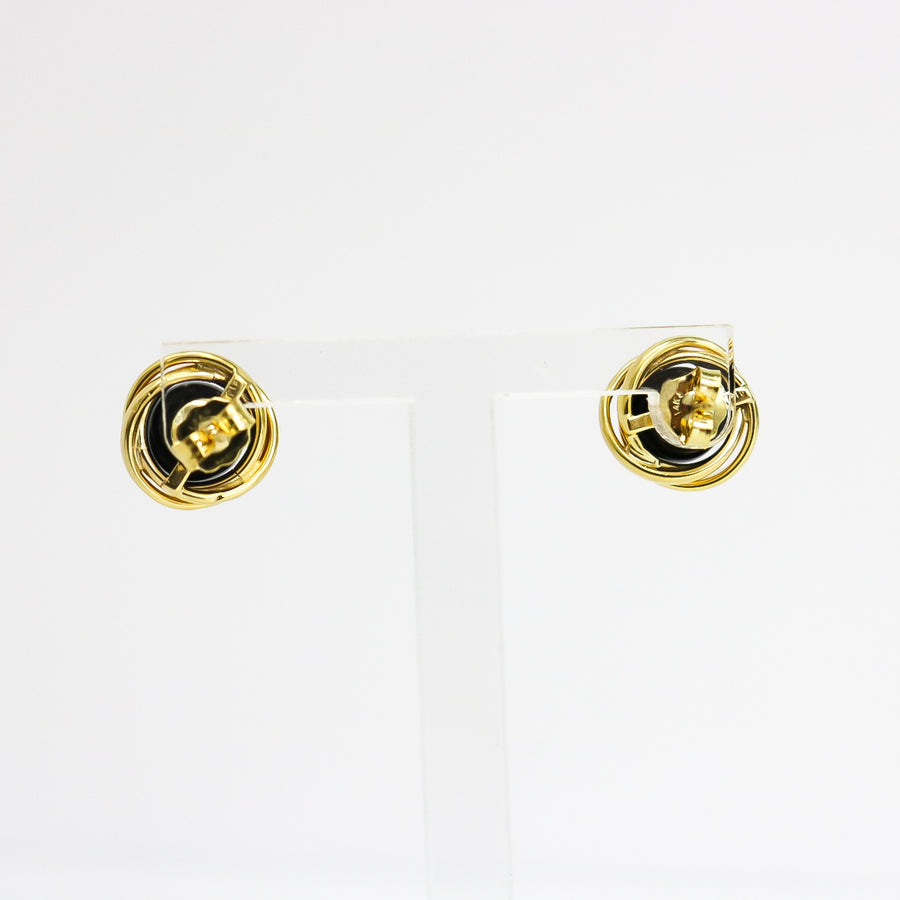 YELLOW GOLD ROUND BLACK ONYX EARRINGS