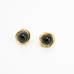 YELLOW GOLD ROUND BLACK ONYX EARRINGS