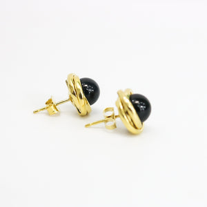 YELLOW GOLD ROUND BLACK ONYX EARRINGS