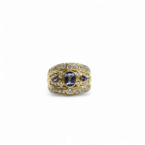 YELLOW GOLD LADY'S RING WITH TANZANITE AND DIAMOND STONES