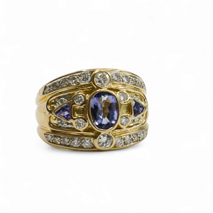 YELLOW GOLD LADY'S RING WITH TANZANITE AND DIAMOND STONES