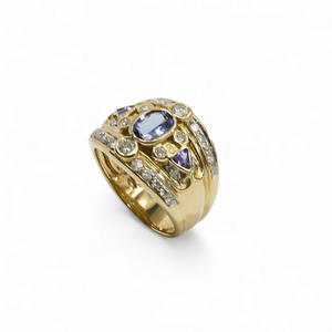 YELLOW GOLD LADY'S RING WITH TANZANITE AND DIAMOND STONES